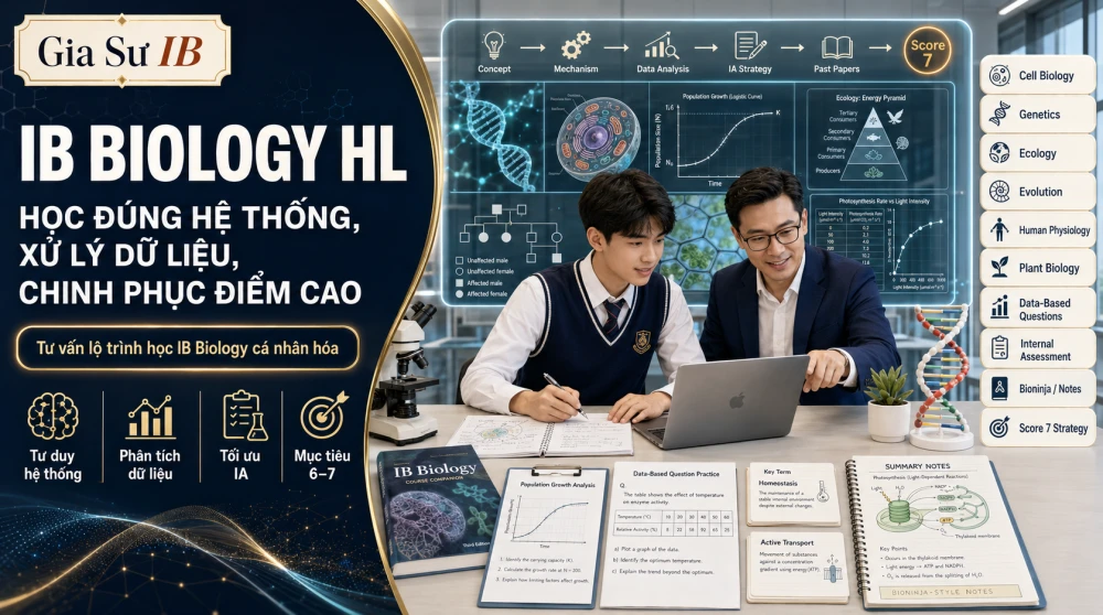 IB Biology HL là môn học quan trọng trong chương trình IBDP, phù hợp với học sinh định hướng Medicine, Biomedical Science, Pharmacy, Biotechnology, Environmental Science và các ngành khoa học sự sống. Không chỉ yêu cầu ghi nhớ kiến thức về cell biology, genetics, ecology, evolution hay human physiology, môn học này còn đòi hỏi học sinh biết phân tích dữ liệu, xử lý data-based questions, thiết kế thí nghiệm, triển khai IA sinh học và trình bày lập luận khoa học đúng tiêu chí chấm điểm. Bài viết dưới đây sẽ giúp học sinh và phụ huynh hiểu rõ cách học IB Biology HL theo hệ thống, chọn đúng tài liệu, tránh học rời rạc và xây dựng lộ trình ôn thi hiệu quả để hướng tới điểm cao.