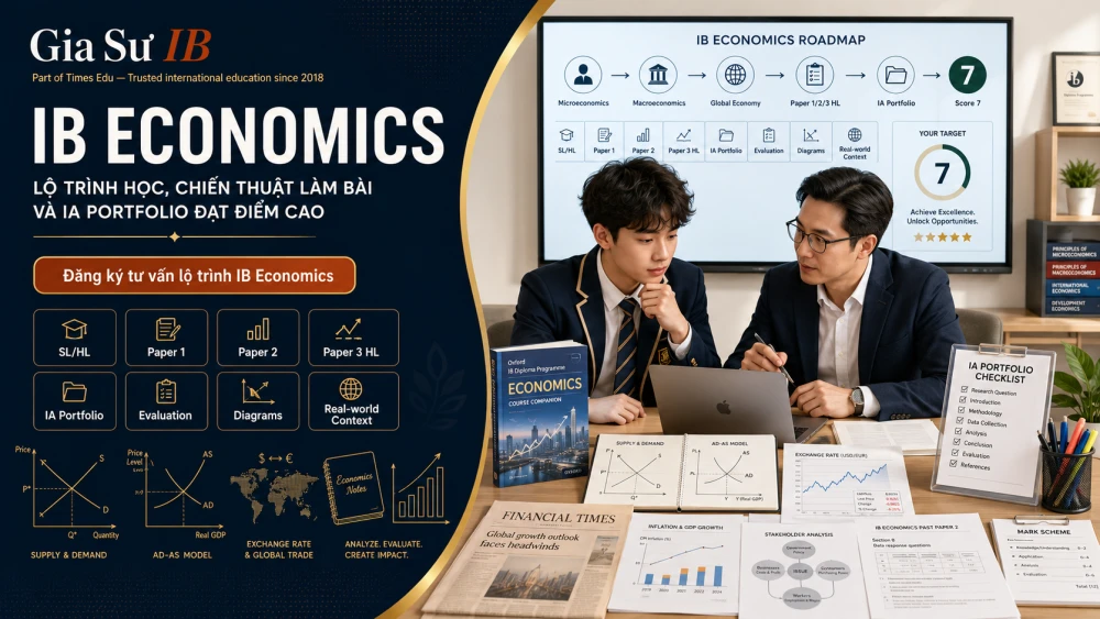 IB Economics là môn học quan trọng trong nhóm Individuals and Societies của IB Diploma Programme, giúp học sinh phát triển tư duy kinh tế, khả năng phân tích dữ liệu và năng lực lập luận dựa trên bối cảnh thực tế. Không chỉ học định nghĩa hay mô hình, học sinh cần biết cách vận dụng kiến thức Microeconomics, Macroeconomics và Global Economics vào Paper 1, Paper 2, Paper 3 HL cũng như IA Portfolio. Bài viết này sẽ hướng dẫn phụ huynh và học sinh cách học IB Economics theo lộ trình chiến lược, từ chọn SL/HL, luyện kỹ năng làm bài đến xây hồ sơ học thuật mạnh cùng GIASUIB.