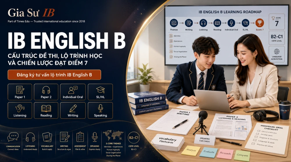 IB English B là môn học thuộc nhóm Language Acquisition trong chương trình IBDP, giúp học sinh phát triển năng lực sử dụng tiếng Anh học thuật trong các bối cảnh giao tiếp, đọc hiểu, viết và nói. Đây là môn có thể trở thành lợi thế nâng điểm tổng nếu học sinh hiểu đúng cấu trúc đề thi, tiêu chí đánh giá và chiến lược ôn luyện cho từng kỹ năng. Bài viết này sẽ giúp phụ huynh và học sinh nắm rõ bản chất môn IB English B, các lỗi dễ mất điểm, cách chuẩn bị Paper 1, Paper 2, Individual Oral và lộ trình học thực chiến để hướng tới điểm 7 cùng GIASUIB.