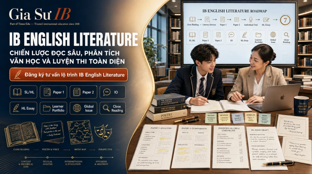 IB English Literature là môn học đòi hỏi học sinh không chỉ đọc hiểu tác phẩm, mà còn phải biết phân tích ngôn ngữ, cấu trúc, hình tượng, giọng điệu và bối cảnh theo đúng tiêu chí đánh giá của IB. Để đạt điểm cao, học sinh cần chuyển hóa hiểu biết về tiểu thuyết, thơ, kịch và tác phẩm dịch thành lập luận văn học sắc bén trong Paper 1, Paper 2, Individual Oral và HL Essay. Bài viết này sẽ hướng dẫn phụ huynh và học sinh xây lộ trình học IB English Literature toàn diện, từ chiến lược đọc sâu, quản lý ghi chú, luyện viết phân tích đến phát triển tiếng nói học thuật cá nhân cùng GIASUIB.
