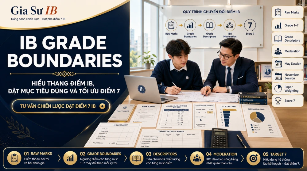 IB Grade Boundaries là yếu tố quan trọng giúp học sinh hiểu cách điểm bài thi IB được quy đổi thành thang điểm 1–7 ở từng môn. Việc nắm rõ cơ chế Grade boundaries, cách IBO thiết lập ngưỡng điểm và sự thay đổi theo từng kỳ thi sẽ giúp học sinh lập kế hoạch luyện đề chính xác hơn, biết cần đạt bao nhiêu điểm để hướng tới điểm 6–7 và tránh hiểu sai về thang điểm IB. Bài viết này sẽ phân tích toàn diện cách IB Grade Boundaries hoạt động, vai trò của chúng trong kết quả cuối kỳ và chiến lược tận dụng dữ liệu điểm để tối ưu kế hoạch ôn thi.