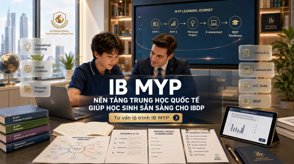 IB MYP là chương trình Middle Years Programme của International Baccalaureate dành cho học sinh từ 11–16 tuổi, giúp xây dựng nền tảng học thuật, tư duy liên môn và năng lực học tập độc lập trước khi bước vào IB Diploma Programme. Khác với cách học chỉ tập trung vào ghi nhớ kiến thức, IB MYP chú trọng conceptual learning, global contexts, Personal Project và hệ thống đánh giá theo tiêu chí rõ ràng. Bài viết này sẽ giúp phụ huynh và học sinh hiểu toàn diện cấu trúc chương trình IB MYP, cách đánh giá và chiến lược học hiệu quả trong năm 2026.