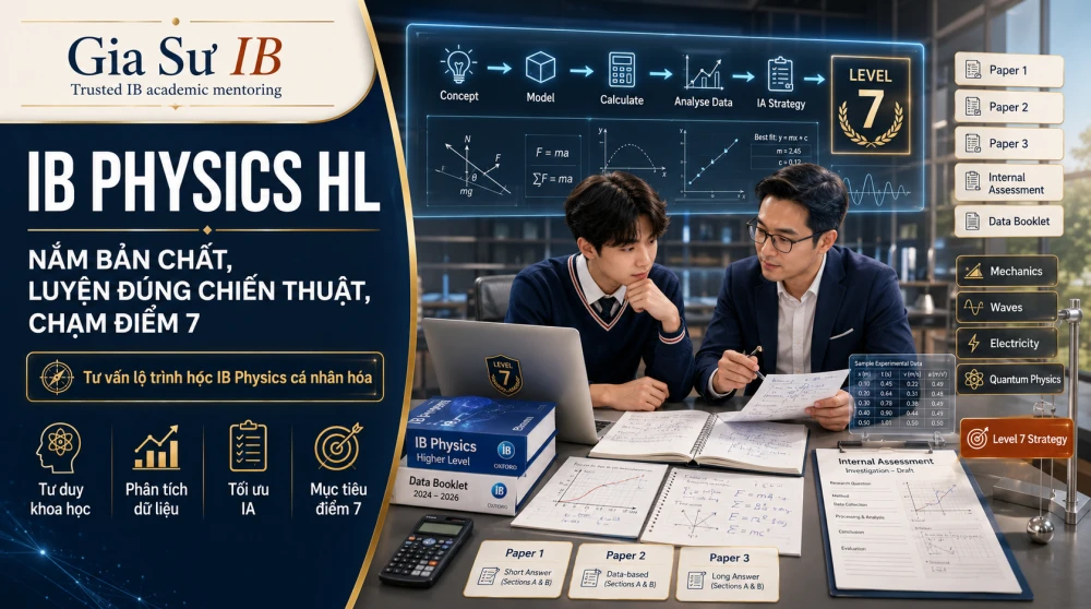 IB Physics HL là một trong những môn học có độ phân hóa cao trong chương trình IBDP, phù hợp với học sinh định hướng Engineering, Physics, Computer Science, Data Science và các ngành STEM. Không chỉ yêu cầu khả năng giải bài tập, môn học này còn đòi hỏi học sinh hiểu sâu bản chất vật lý, biết mô hình hóa bằng toán học, xử lý dữ liệu thực nghiệm, sử dụng data booklet hiệu quả và kiểm soát tốt Internal Assessment. Bài viết dưới đây sẽ giúp học sinh và phụ huynh nắm rõ lộ trình học IB Physics HL, chiến thuật ôn Paper 1, Paper 2, Paper 3 và cách xây nền tảng vững chắc để hướng tới điểm 7.