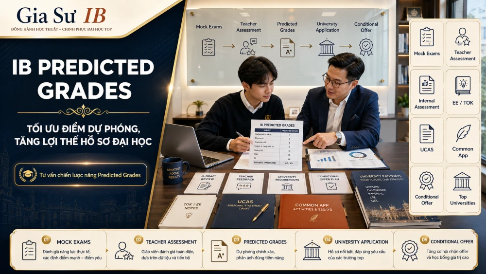 IB Predicted Grades là yếu tố quan trọng trong hồ sơ đại học quốc tế, đặc biệt khi học sinh nộp vào các trường top như Oxford, Cambridge, Imperial, LSE, UCL hay các đại học hàng đầu tại Mỹ, Canada và châu Âu. Đây không chỉ là điểm dự đoán, mà còn phản ánh năng lực học tập, kết quả kiểm tra, teacher assessment và mức độ sẵn sàng của học sinh trước kỳ thi IB chính thức. Bài viết này sẽ phân tích cách giáo viên đưa ra IB Predicted Grades, những yếu tố ảnh hưởng đến điểm dự phóng và chiến lược tối ưu Predicted results một cách minh bạch, bền vững để tăng lợi thế khi nộp University application.