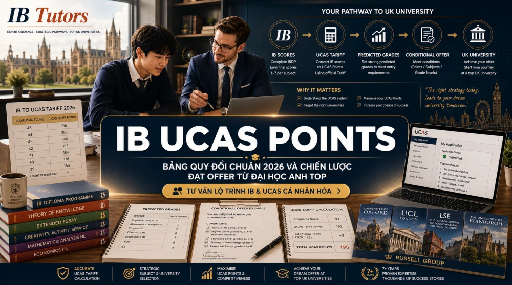 IB UCAS Points là hệ thống quy đổi điểm quan trọng giúp học sinh IBDP hiểu cách các trường đại học Anh đánh giá hồ sơ và đưa ra Conditional Offer. Việc nắm đúng UCAS Tariff không chỉ giúp học sinh tính điểm chính xác, mà còn hỗ trợ lựa chọn ngành, chọn trường Russell Group và xây dựng chiến lược Predicted Grades phù hợp. Bài viết này sẽ giúp phụ huynh và học sinh hiểu rõ cách quy đổi điểm IB sang UCAS Points, cách đọc offer từ UK Universities và lập lộ trình học tập hiệu quả để tăng cơ hội trúng tuyển đại học Anh top đầu.