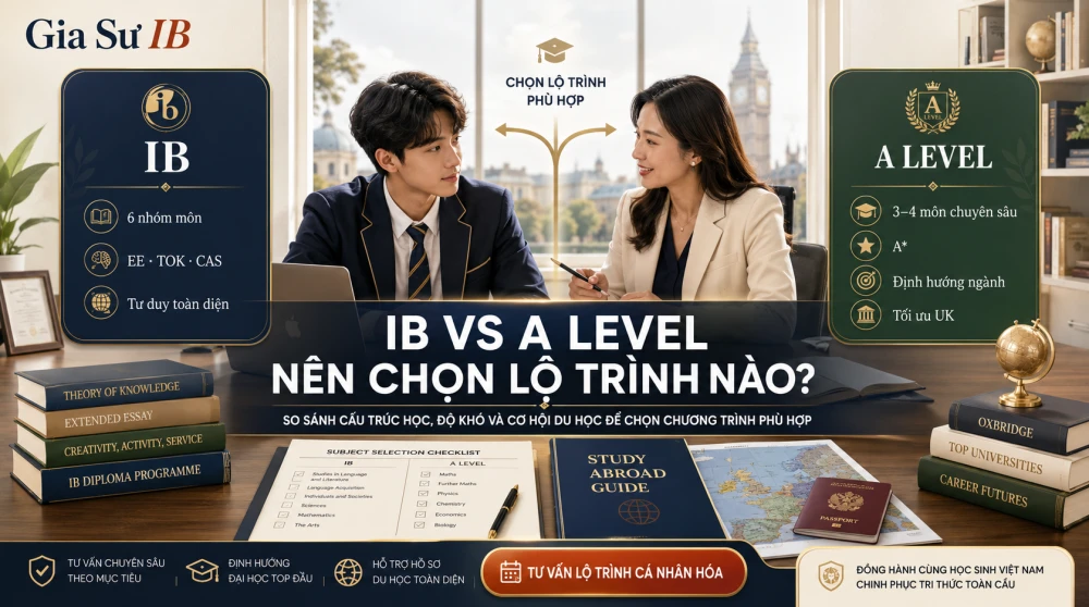 IB vs A Level là câu hỏi quan trọng mà nhiều phụ huynh và học sinh quốc tế đặt ra khi bắt đầu xây dựng lộ trình vào đại học. Cả hai đều là chương trình Dự bị đại học danh giá, được công nhận rộng rãi bởi các trường top trên thế giới, nhưng lại khác nhau rõ rệt về cấu trúc học, độ khó, cách đánh giá và mức độ phù hợp với từng định hướng ngành học. Vậy nên chọn IB hay A Level để tối ưu điểm số, hồ sơ học thuật và cơ hội trúng tuyển đại học? Bài viết này sẽ phân tích chuyên sâu sự khác biệt giữa IB và A Level, đồng thời gợi ý lộ trình lựa chọn phù hợp cho từng nhóm học sinh.