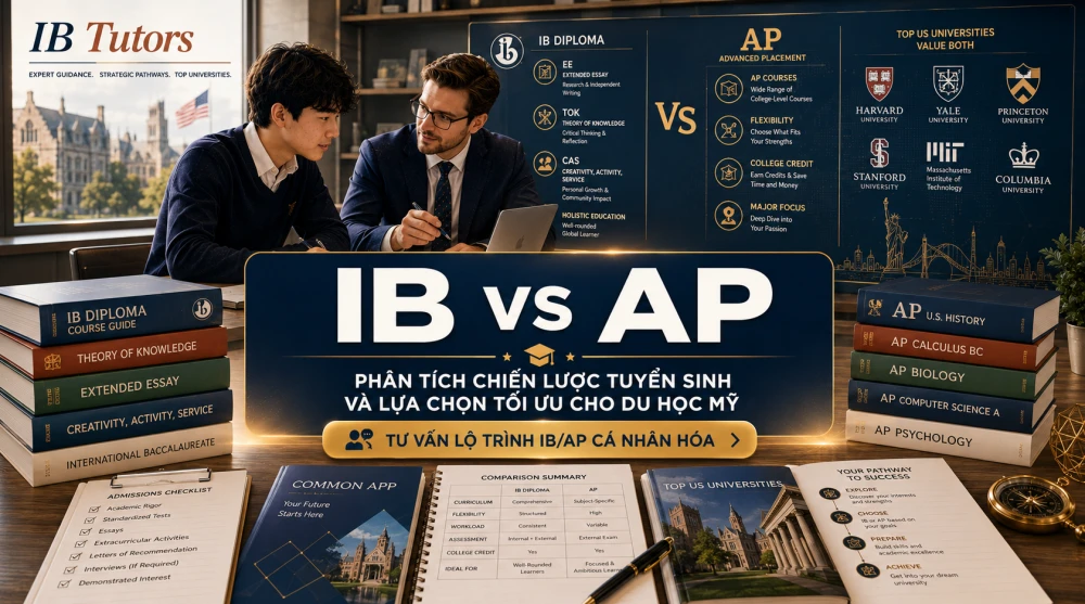 IB vs AP là lựa chọn quan trọng với học sinh định hướng du học Mỹ, vì cả hai chương trình đều được các trường đại học đánh giá cao nhưng khác nhau rõ rệt về triết lý học, cấu trúc môn học và chiến lược xây dựng hồ sơ. IB phù hợp với học sinh muốn phát triển tư duy học thuật toàn diện, nghiên cứu và viết luận chuyên sâu, trong khi AP linh hoạt hơn trong việc chọn môn và tối ưu thế mạnh cá nhân theo định hướng ngành. Bài viết này sẽ giúp phụ huynh và học sinh hiểu rõ sự khác biệt giữa IB và AP, từ đó lựa chọn lộ trình phù hợp nhất cho mục tiêu tuyển sinh đại học Mỹ.