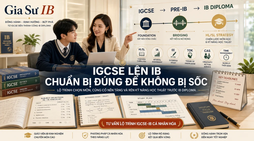 IGCSE lên IB là giai đoạn chuyển tiếp quan trọng đối với học sinh trường quốc tế, bởi IB Diploma không chỉ yêu cầu kiến thức nền vững chắc mà còn đòi hỏi khả năng nghiên cứu, viết luận, tư duy phản biện và quản lý thời gian ở mức cao hơn nhiều so với IGCSE. Nhiều học sinh đạt điểm tốt ở IGCSE nhưng vẫn gặp khó khi bước vào IB do chưa quen với khối lượng 6 môn, Internal Assessment, Extended Essay, TOK và CAS. Vì vậy, việc chuẩn bị lộ trình từ IGCSE lên IB từ sớm sẽ giúp học sinh chọn môn đúng năng lực, củng cố nền tảng học thuật và tối ưu kết quả trong chương trình IB Diploma.
