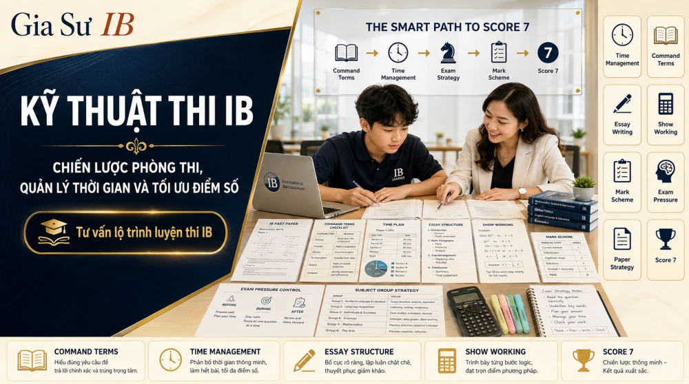 Kỹ Thuật Thi IB là yếu tố quyết định giúp học sinh chuyển hóa kiến thức thành điểm số trong kỳ thi IB, đặc biệt với mục tiêu 40+ hoặc điểm 7 từng môn. Không chỉ cần học vững nội dung, học sinh còn phải thành thạo các chiến lược phòng thi như quản lý thời gian, đọc đúng command terms, xây dựng cấu trúc essay, phân bổ điểm theo mark scheme và kiểm soát áp lực khi làm bài. Bài viết này sẽ hệ thống hóa những kỹ thuật thi IB quan trọng, giúp học sinh tránh mất điểm đáng tiếc và tối ưu hiệu suất trong từng paper.
