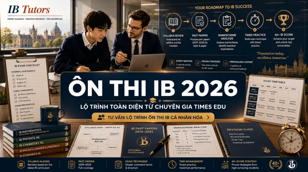 Ôn Thi IB là giai đoạn quan trọng giúp học sinh IBDP hệ thống lại kiến thức, làm quen cấu trúc đề thi và tối ưu cách trả lời theo đúng tiêu chí chấm điểm của IBO. Để đạt kết quả cao trong kỳ thi IB 2026, học sinh không chỉ cần học lại nội dung từng môn mà còn phải biết phân tích syllabus, luyện past papers, sử dụng revision guides hiệu quả và xây dựng chiến lược phân bổ thời gian cho từng môn HL/SL. Bài viết này sẽ giúp học sinh và phụ huynh hiểu rõ lộ trình ôn thi IB toàn diện, từ củng cố kiến thức, luyện đề đến tối ưu kỹ năng làm bài để hướng tới mục tiêu 40+ điểm.