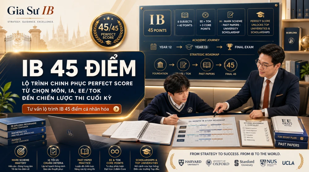 IB 45 điểm là mức điểm tuyệt đối trong chương trình IB Diploma Programme, thể hiện năng lực học thuật xuất sắc ở cả 6 môn học, TOK, EE và các yêu cầu cốt lõi của IB. Để chinh phục IB 45 điểm, học sinh không chỉ cần học chăm mà còn phải có chiến lược chọn môn đúng, lộ trình ôn tập rõ ràng, kỹ năng làm bài chuẩn tiêu chí và khả năng quản lý áp lực trong suốt hai năm IBDP. Bài viết này sẽ giúp phụ huynh và học sinh hiểu rõ IB 45 điểm có ý nghĩa gì, vì sao đây là mục tiêu rất cạnh tranh, và cách xây dựng kế hoạch học tập bài bản cùng GIASUIB để tối ưu cơ hội đạt điểm tuyệt đối.