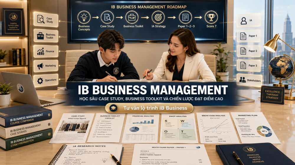 IB Business Management là môn học trong chương trình IB giúp học sinh hiểu cách doanh nghiệp ra quyết định trong bối cảnh thực tế, từ quản trị nhân sự, tài chính, marketing đến vận hành và chiến lược. Không chỉ yêu cầu ghi nhớ khái niệm, môn học này đòi hỏi học sinh biết phân tích case study, sử dụng business toolkit, đánh giá stakeholder và đưa ra khuyến nghị có căn cứ. Bài viết này sẽ giúp học sinh hiểu đúng bản chất IB Business Management, cách học sâu, chiến thuật luyện thi và lộ trình đạt điểm cao cùng GIASUIB.