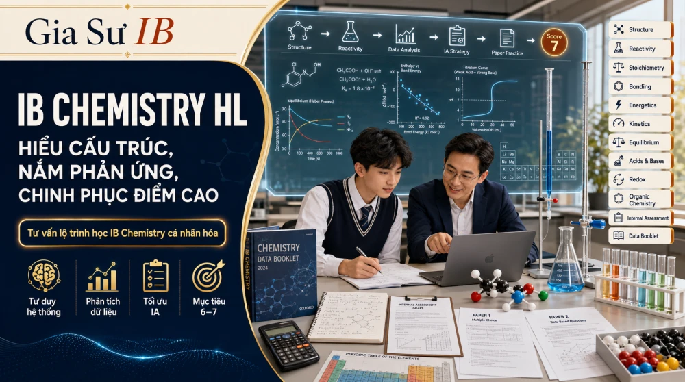 IB Chemistry HL là môn học quan trọng trong chương trình IBDP, phù hợp với học sinh định hướng Medicine, Pharmacy, Chemical Engineering, Biomedical Science và các ngành STEM. Không chỉ yêu cầu ghi nhớ công thức hay phản ứng hóa học, môn học này đòi hỏi học sinh hiểu sâu hai trục lớn của syllabus mới là Structure và Reactivity, đồng thời biết kết nối Stoichiometry, bonding, energetics, kinetics, equilibrium, acids and bases, redox, organic chemistry và kỹ năng phân tích dữ liệu vào một hệ thống tư duy hoàn chỉnh. Bài viết dưới đây sẽ giúp học sinh và phụ huynh nắm rõ cách học IB Chemistry HL, chiến thuật luyện thi, cách xử lý Internal Assessment và lộ trình chinh phục điểm cao theo cấu trúc đánh giá mới.