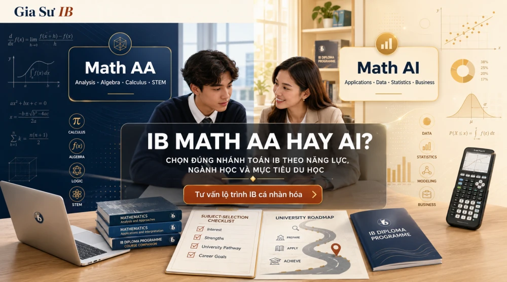 IB Math AA AI là hai nhánh Toán trong chương trình IB Diploma, gồm Mathematics: Analysis and Approaches và Mathematics: Applications and Interpretation. Việc chọn đúng giữa Math AA và Math AI không chỉ ảnh hưởng đến điểm số IB, mà còn tác động trực tiếp đến hồ sơ du học, định hướng ngành học và khả năng đáp ứng yêu cầu đầu vào của các trường đại học. Bài viết này sẽ giúp phụ huynh và học sinh hiểu rõ sự khác biệt giữa IB Math AA AI, nên chọn nhánh nào theo từng nhóm ngành và cách xây dựng lộ trình học phù hợp để tối ưu kết quả học thuật.