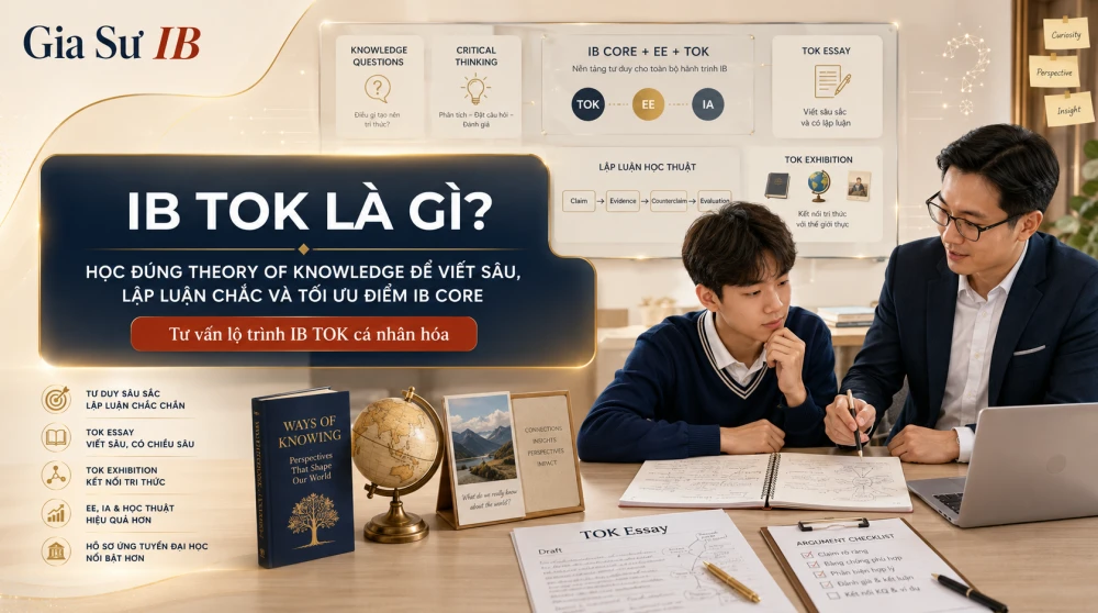 IB TOK, hay Theory of Knowledge, là học phần bắt buộc trong IB Diploma Programme, giúp học sinh phát triển tư duy phản biện, khả năng đặt câu hỏi, phân tích bằng chứng và đánh giá giới hạn của tri thức. Khác với các môn học thiên về ghi nhớ kiến thức, IB TOK yêu cầu học sinh hiểu cách tri thức được hình thành, được kiểm chứng và được diễn giải trong từng lĩnh vực học thuật. Bài viết này sẽ giúp phụ huynh và học sinh hiểu rõ IB TOK là gì, TOK Exhibition và TOK Essay được đánh giá như thế nào, đồng thời xây dựng phương pháp học đúng để tối ưu điểm Theory of Knowledge và năng lực học thuật trong chương trình IB.