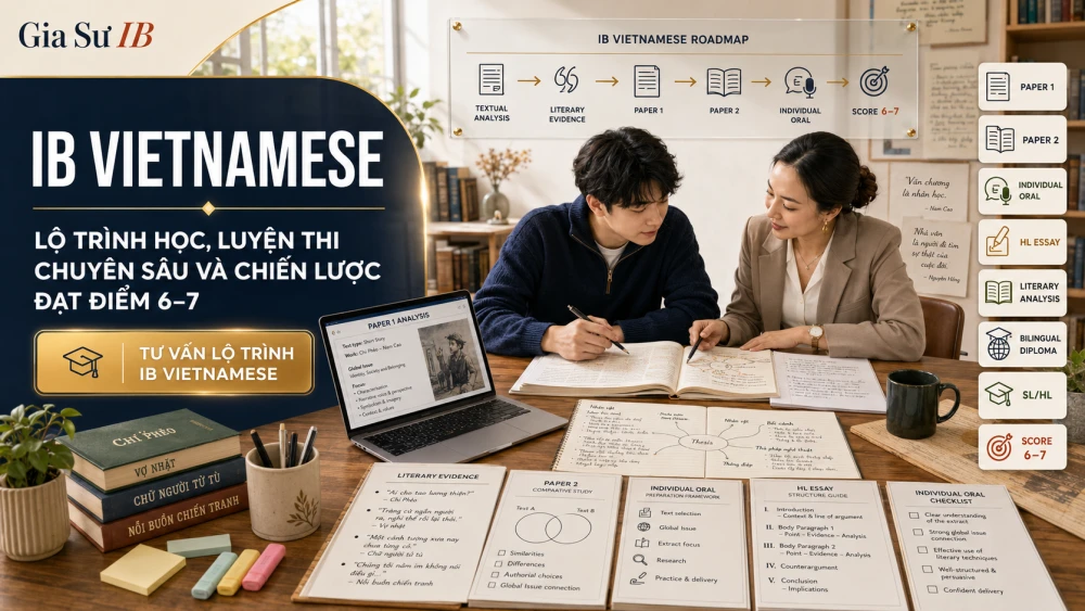 IB Vietnamese là môn Tiếng Việt trong chương trình Tú tài Quốc tế, phù hợp với học sinh Việt Nam tại các trường quốc tế muốn phát triển năng lực phân tích văn học, ngôn ngữ và tư duy học thuật bằng tiếng mẹ đẻ. Với hơn 7 năm kinh nghiệm đồng hành cùng học sinh IB, A-Level và AP, GIASUIB chia sẻ lộ trình học IB Vietnamese chuyên sâu, giúp học sinh nắm vững cấu trúc môn học, hiểu tiêu chí chấm điểm và xây dựng chiến lược luyện thi hiệu quả để hướng tới điểm số cao.
