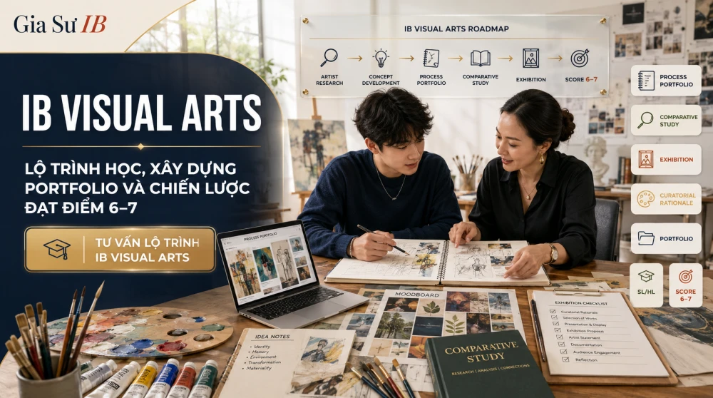 IB Visual Arts là môn Nghệ thuật Thị giác trong chương trình IB, phù hợp với học sinh định hướng thiết kế, kiến trúc, mỹ thuật ứng dụng và các ngành sáng tạo. Với kinh nghiệm hơn 7 năm đồng hành cùng học sinh IB, A-Level và AP, GIASUIB chia sẻ lộ trình học IB Visual Arts hiệu quả, từ phát triển ý tưởng, nghiên cứu nghệ sĩ, hoàn thiện portfolio đến chiến lược đạt điểm 6–7.