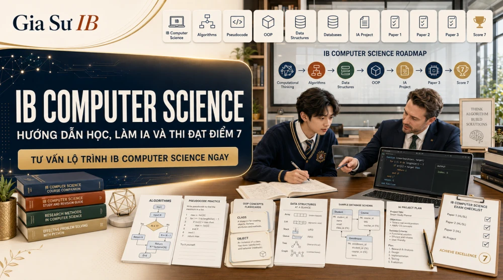IB Computer Science là môn học quan trọng trong chương trình IB Diploma, phù hợp với học sinh định hướng theo các ngành Software Engineering, Data Science, AI, Cybersecurity và Công nghệ thông tin. Không chỉ dừng lại ở lập trình, môn học này yêu cầu học sinh hiểu thuật toán, cấu trúc dữ liệu, hệ thống máy tính, tư duy giải quyết vấn đề và kỹ năng phân tích bài thi theo tiêu chí IB. Trong bài viết này, GIASUIB sẽ hướng dẫn toàn diện về cấu trúc môn IB Computer Science, phương pháp học hiệu quả và lộ trình chinh phục điểm cao trong kỳ thi năm 2026.