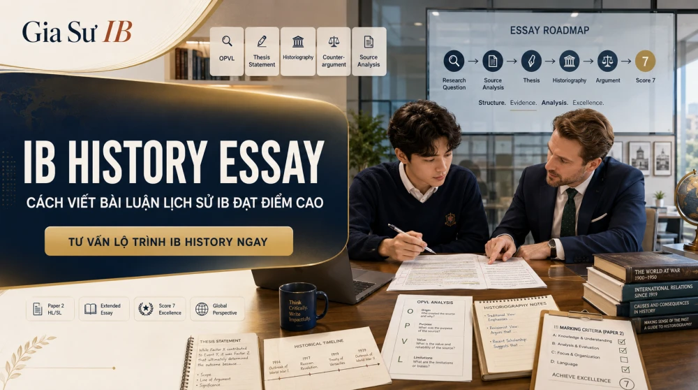 IB History Essay là một trong những bài luận học thuật quan trọng và thử thách nhất trong chương trình IB Diploma, đòi hỏi học sinh không chỉ nắm vững kiến thức lịch sử mà còn biết nghiên cứu, phân tích nguồn tư liệu và xây dựng lập luận như một nhà sử học. Trong bài viết này, GIASUIB sẽ hướng dẫn bạn cách viết IB History Essay đạt điểm cao, dựa trên kinh nghiệm hơn 7 năm đồng hành cùng học sinh IB, A-Level và AP chinh phục các tiêu chí chấm điểm khắt khe của IBO.