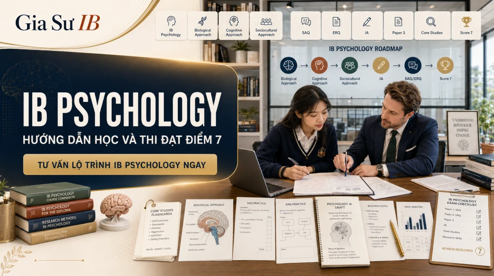 IB Psychology là môn học quan trọng trong chương trình IB Diploma, giúp học sinh hiểu sâu về hành vi con người thông qua các góc nhìn sinh học, nhận thức và văn hóa – xã hội. Không chỉ yêu cầu ghi nhớ nghiên cứu tâm lý, môn học này còn đòi hỏi khả năng phân tích, đánh giá lý thuyết và vận dụng bằng chứng học thuật vào bài thi. Trong bài viết này, GIASUIB sẽ hướng dẫn toàn diện về cấu trúc môn IB Psychology, phương pháp học hiệu quả và lộ trình đạt điểm 7 trong kỳ thi năm 2026.
